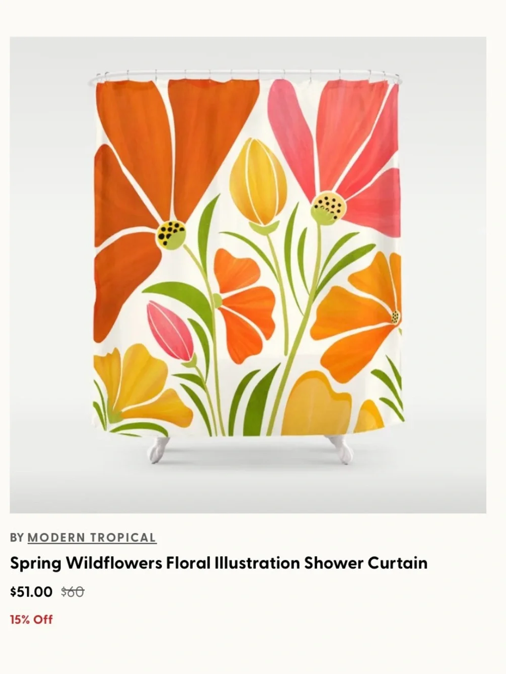 Spring Wildflowers Floral Shower Curtain - Orange, Pink, Yellow